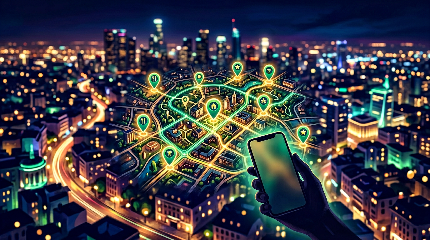 Ilustração: cidade à noite, mapa e descoberta de lugares com o WeGo