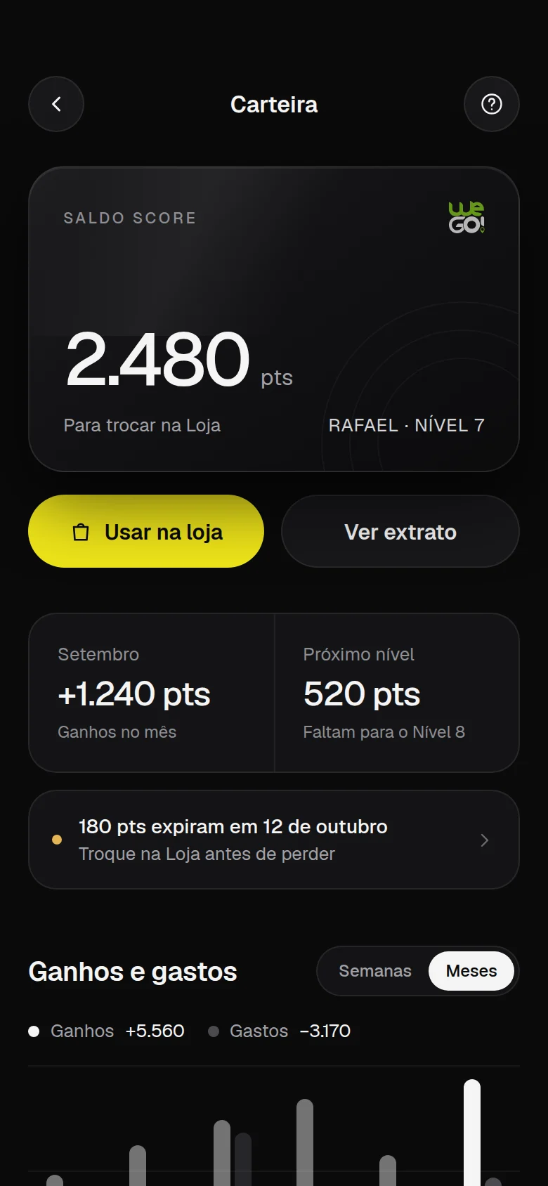 Tela do app WeGo: carteira de pontos
