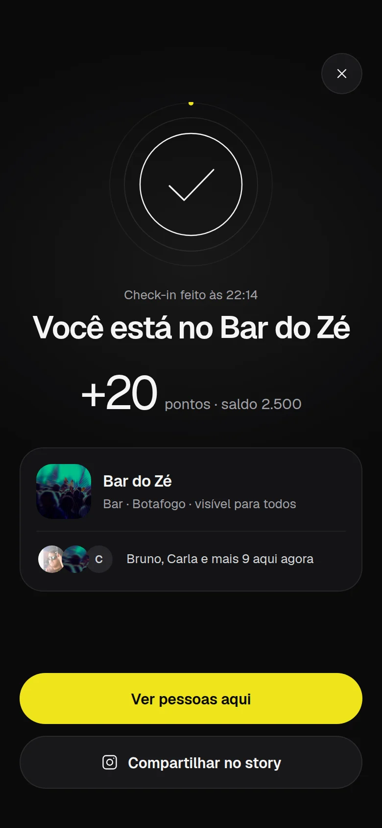 Tela do app WeGo: check-in feito com sucesso