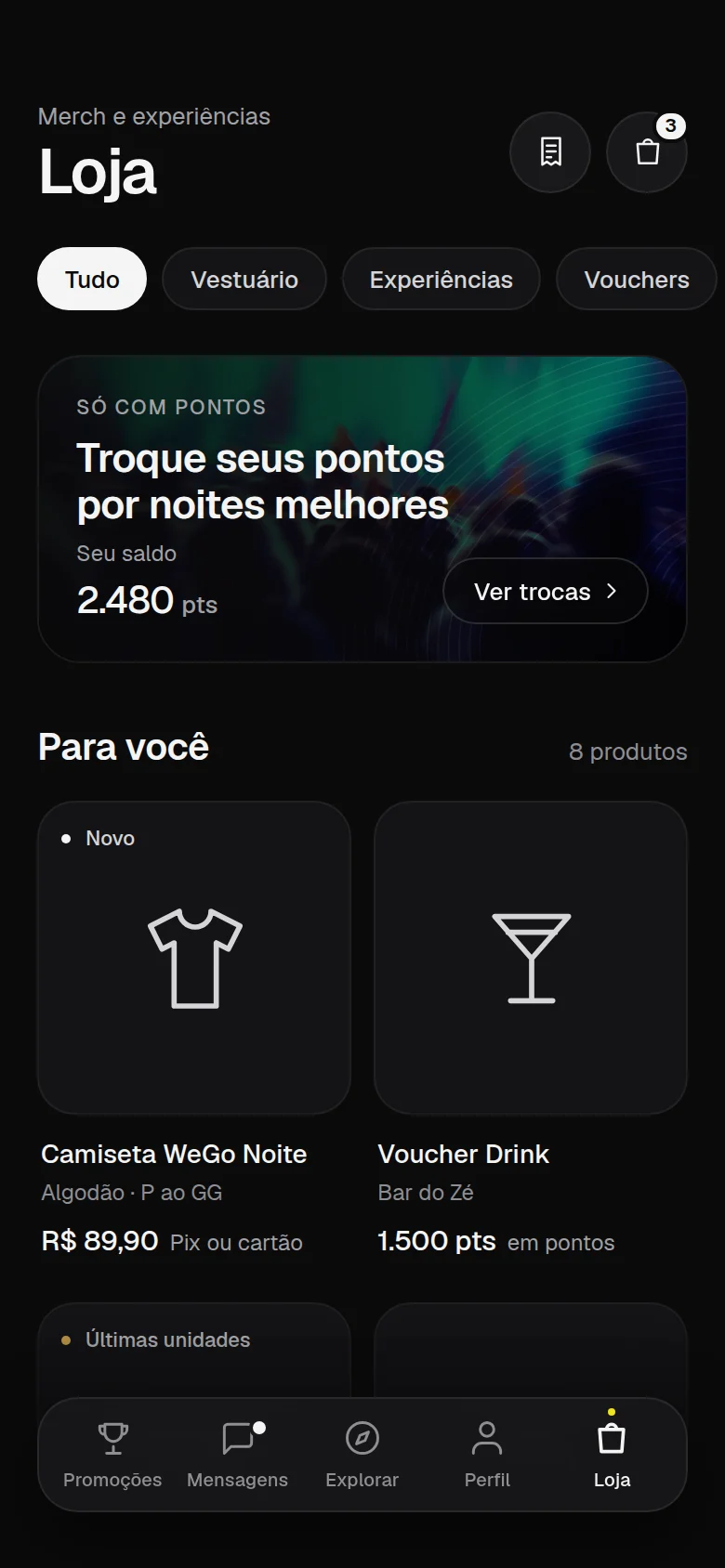 Tela do app WeGo: Loja
