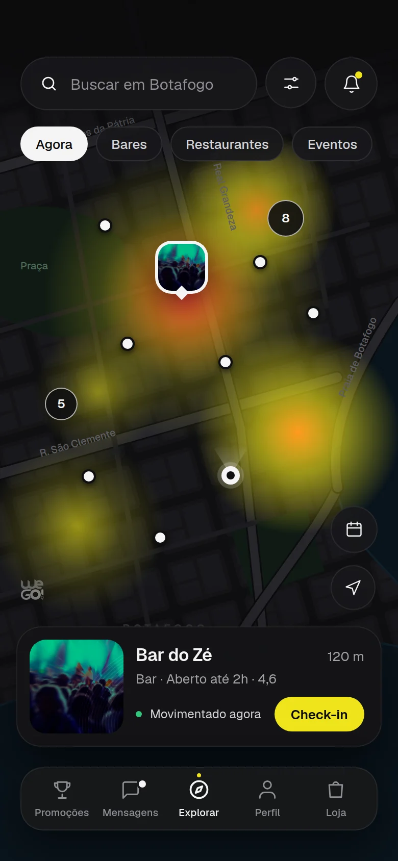 Tela do app WeGo: mapa com o movimento ao vivo