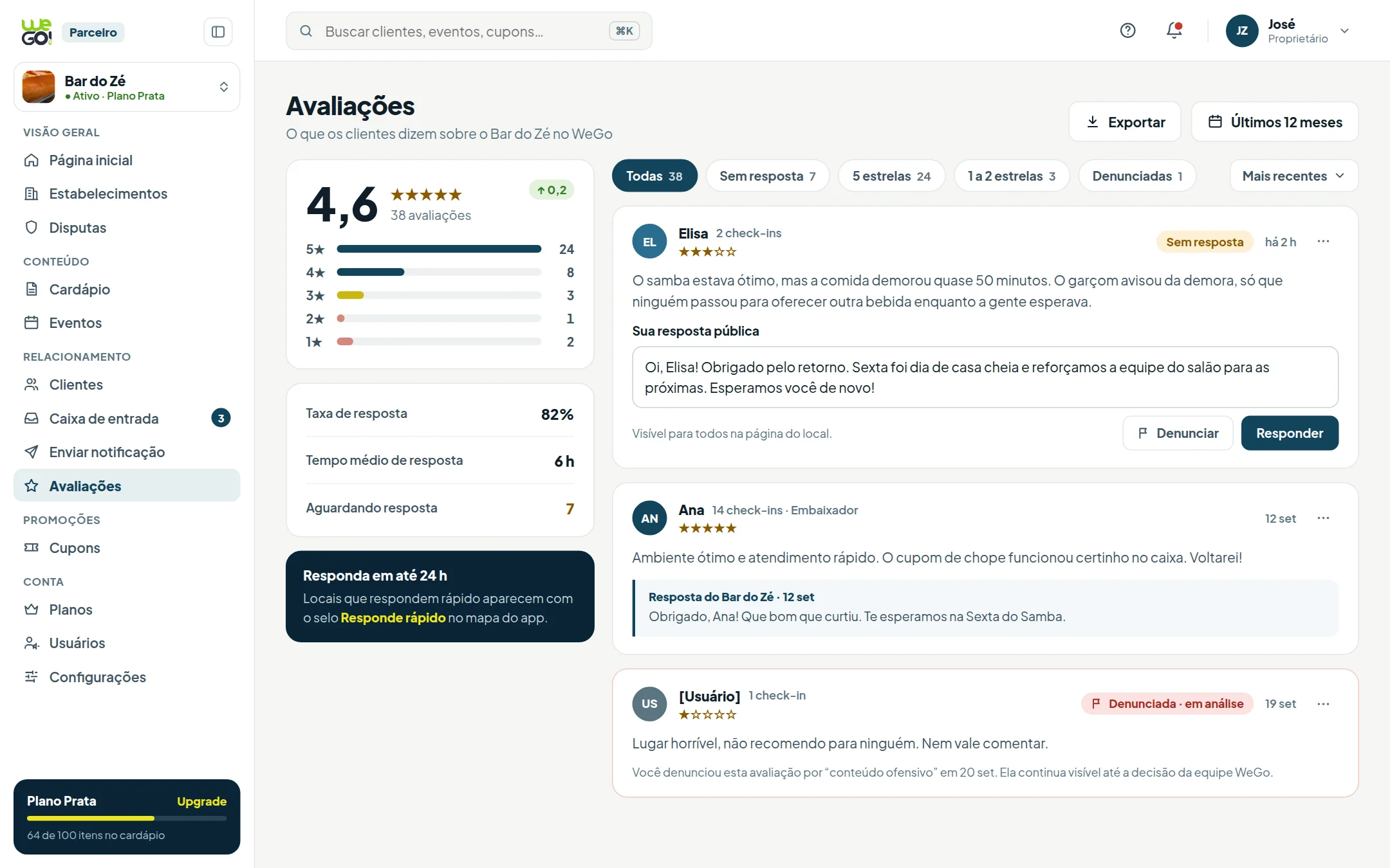 Tela do painel do parceiro WeGo: Avaliações