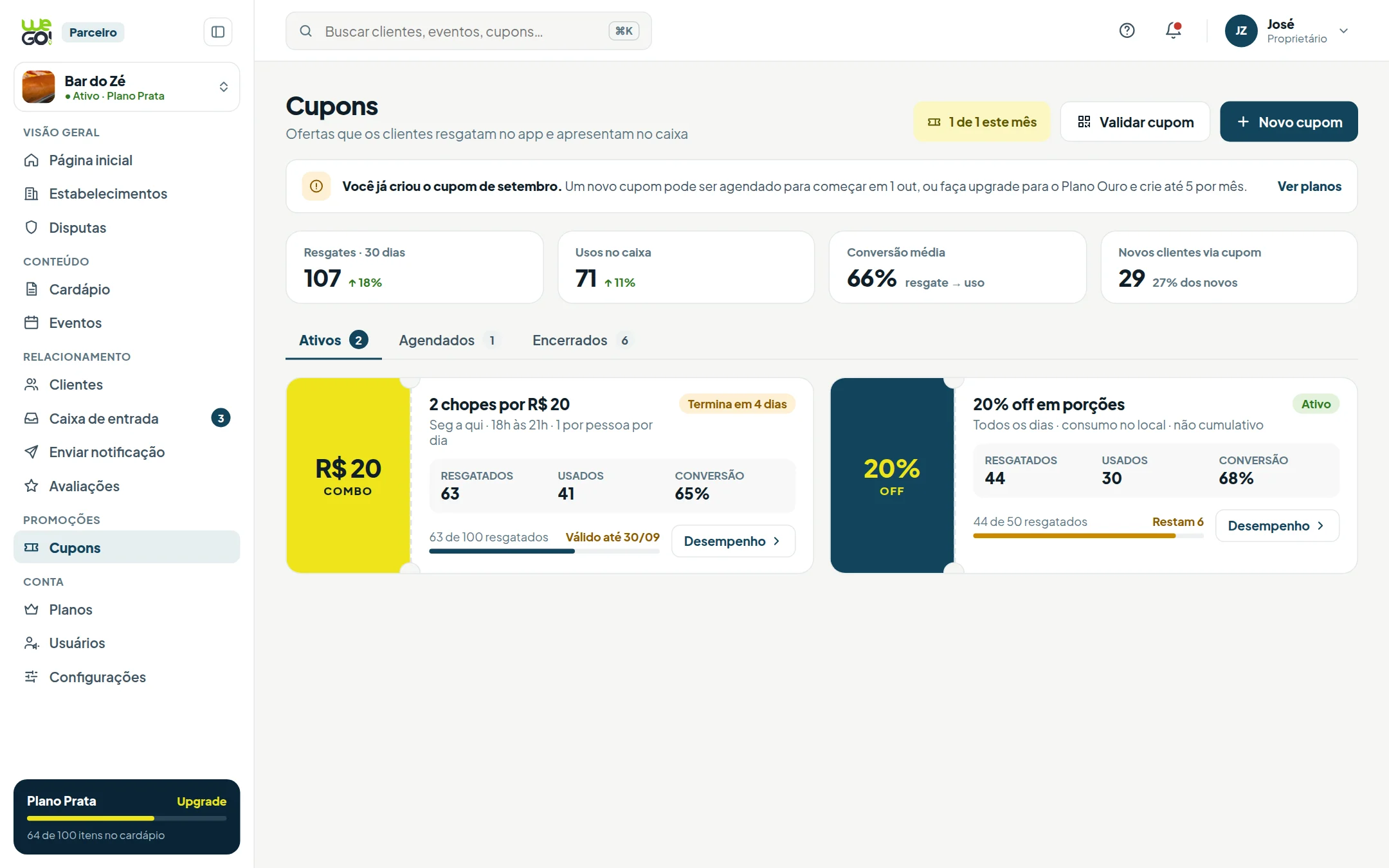 Tela do painel do parceiro WeGo: Cupons